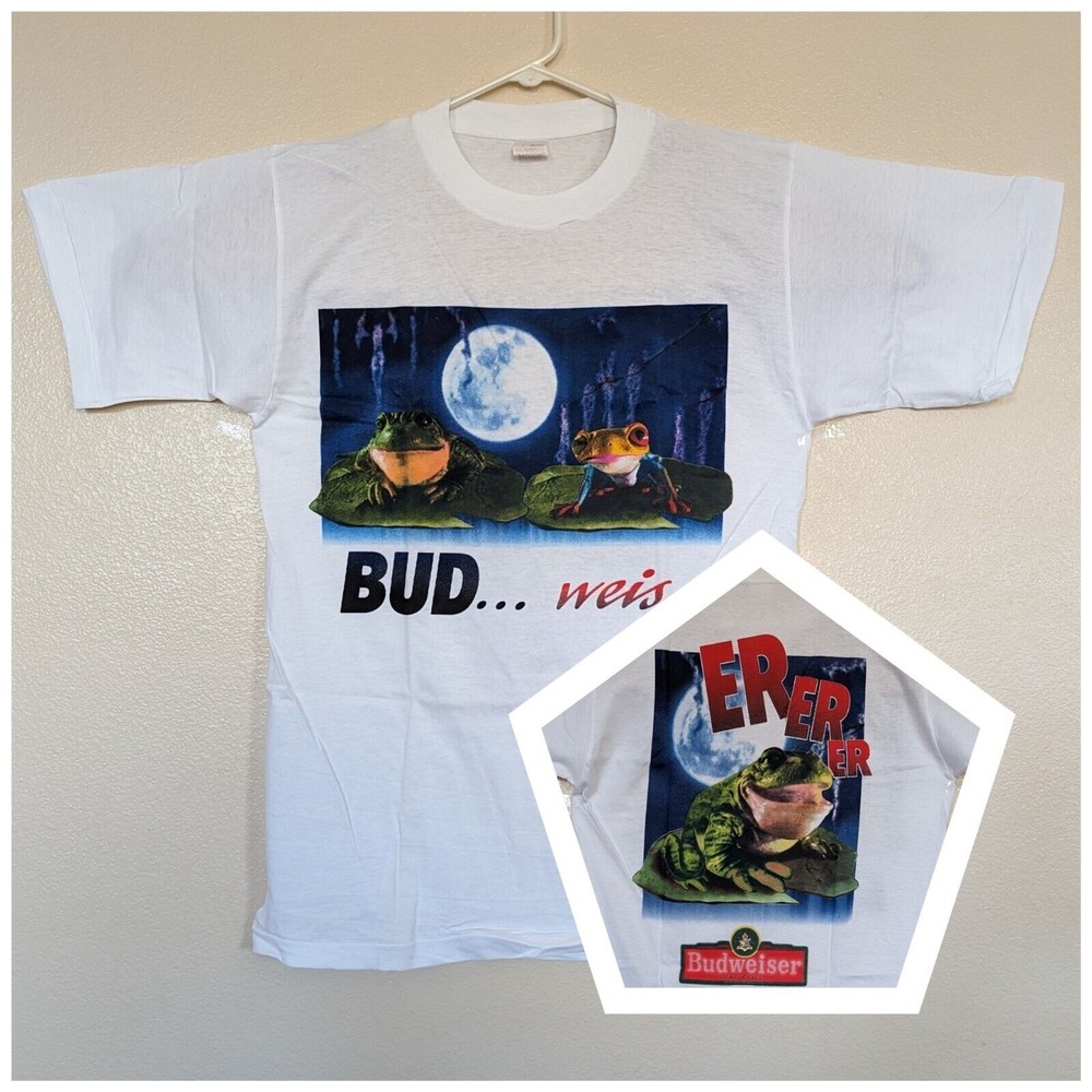 Vintage Budweiser Girl Boy Frogs Moon Beer Large T-Shirt Bud Weis Er Er Er NOS